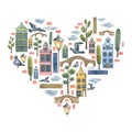 Watercolor illustration in the shape of a heart with many elements of an old European city. For the design and Royalty Free Stock Photo