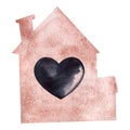 Watercolor illustration in shape of pink house with chimney and big black heart in the middle. Handmade postcard with white