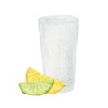 Watercolor illustration, shot glass with tequila with lime ang lemon for mexican party isolated on a white background.