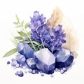 Charming Watercolor Lupine Plants And Crystals On White Background