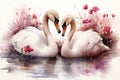 watercolor illustration showcasing two swans in an affectionate pose, perfect for a sentimental Valentine's Day card