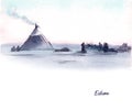 Watercolor illustration of siberian landscape and people Royalty Free Stock Photo