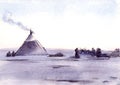 Watercolor illustration of siberian landscape and people