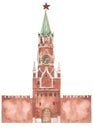 Kremlin, Spasskaya tower in Moscow watercolor illustration, sights of Russia, Red Square