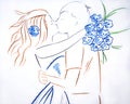 Watercolor illustration of silhouette of a boy and girl kiss