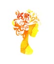 Watercolor illustration of a silhouette of a girl with flowers in her hair with yellow and orange stains of paint Royalty Free Stock Photo