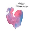 Watercolor illustration, silhouette of mother and daughter, mothers day postcard