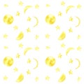 Watercolor illustration with a simple pattern of the moon, its phases and stars. isolate on a white background. Royalty Free Stock Photo