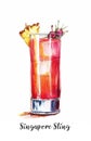 Watercolor illustration of a Singapore Sling cocktail isolated on white