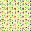 Watercolor illustration of sitting multicolor Easter bunnys. Seamless pattern isolated on green background