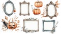 Watercolor illustration of six ornate frames adorned with autumn leaves and pumpkins creating a spooky and elegant Halloween