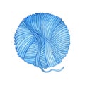 Watercolor illustration of a skein of blue yarn. Wool coiled into a ball.