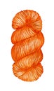 Watercolor illustration of a skein of orange yarn, skein. The wool is twisted into a ball