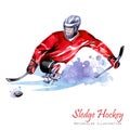 Watercolor illustration. Sledge Hockey. Disability snow sports. Figure of disabled athlete on the ice with a puck Royalty Free Stock Photo