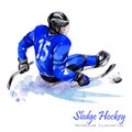 Watercolor illustration. Sledge Hockey. Disability snow sports. Figure of disabled athlete on the ice with a puck Royalty Free Stock Photo