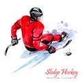 Watercolor illustration. Sledge Hockey. Disability snow sports. Figure of disabled athlete on the ice with a puck Royalty Free Stock Photo