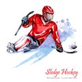 Watercolor illustration. Sledge Hockey. Disability snow sports. Figure of disabled athlete on the ice with a puck Royalty Free Stock Photo