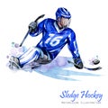 Watercolor illustration. Sledge Hockey. Disability snow sports. Figure of disabled athlete on the ice with a puck