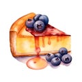 Watercolor illustration of a slice of cheesecake with blueberries.