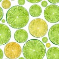 Watercolor illustration of slices of citrus lime, lemon, orange, grapefruit. Round shapes in a seamless pattern. For Royalty Free Stock Photo