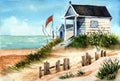 Watercolor small bungalow on the shore