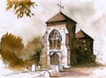 Watercolor illustration of a small chapel with a tower with a spire and several trees