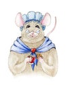 Watercolor illustration of a small funny mouse in a blue cap and shawl. Cute little rat with a cup and cookie, wearing glasses. Royalty Free Stock Photo