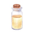 Watercolor illustration. Small glass bottle of essential oil with cork stopper. Isolated on a white background. Oil from