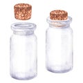 Watercolor illustration. Small glass bottle with stopper open and closed. Empty vial. Isolated on a white background