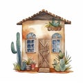 Watercolor illustration of a small house with cactus Royalty Free Stock Photo