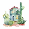 Watercolor illustration of a small house with cactus Royalty Free Stock Photo