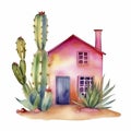 Watercolor illustration of a small house with cactus Royalty Free Stock Photo