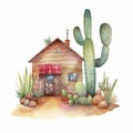 Watercolor illustration of a small house with cactus Royalty Free Stock Photo