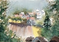 Watercolor illustration of a small sunlit village