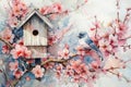 watercolor illustration small white birdhouse and bird on a spring pink cherry blossom branch Royalty Free Stock Photo