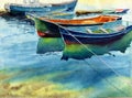Watercolor illustration of some colorful fishing boats