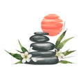 Watercolor illustration of spa stones with bamboo leaves and plumeria flowers. Asian red sun. Composition for poster Royalty Free Stock Photo