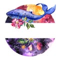 Watercolor illustration space, whale and rose.