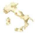 Watercolor illustration. Spot silhouette reminiscent of the outline of Italy on the map. Isolated on a white background