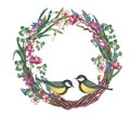 Watercolor illustration of spring wreath with birds.