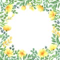 Watercolor illustration square frame with yellow flowers and green leaves