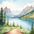 Watercolor Illustration Of St. Mary Lake In Mountainous Vistas Style