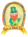 Watercolor illustration with lettering for st. patrick's day, a leprechaun with a red beard and a mug of ale.