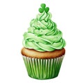 illustration, st. patricks day treats, cupcake with green cream, decorated with clover, isolated on a white background