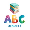 Watercolor illustration. stack of books and rainbow letter A, B, C.