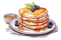 Watercolor illustration of a stack of delicious pancakes decorated with blueberries and maple syrup or honey. Delicious