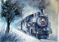Watercolor illustration of a steam locomotive in gray-green colors