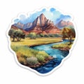 Watercolor Illustration Sticker: Serene River In Red Rock Canyon