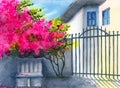 Watercolor illustration of a stone fence and a stone bench in the shade of a blooming pink bougainvillea Royalty Free Stock Photo