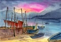 Watercolor illustration of a stone pier at the lake with wooden fishing boats